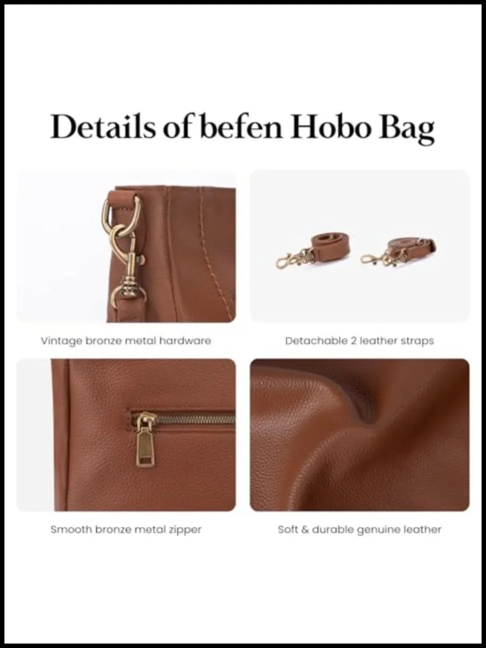 Genuine Leather Hobo Crossbody Bag with 2 Straps